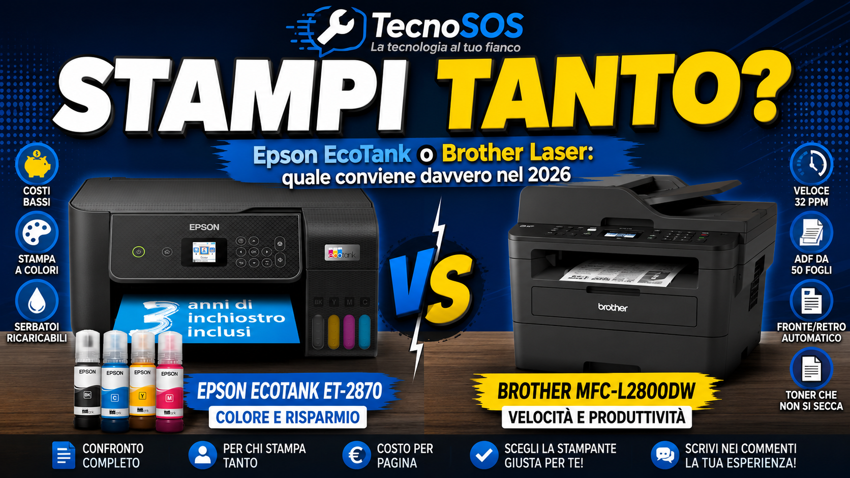 Stampi tanto? Epson EcoTank ET-2870 o Brother MFC-L2800DW: quale conviene davvero